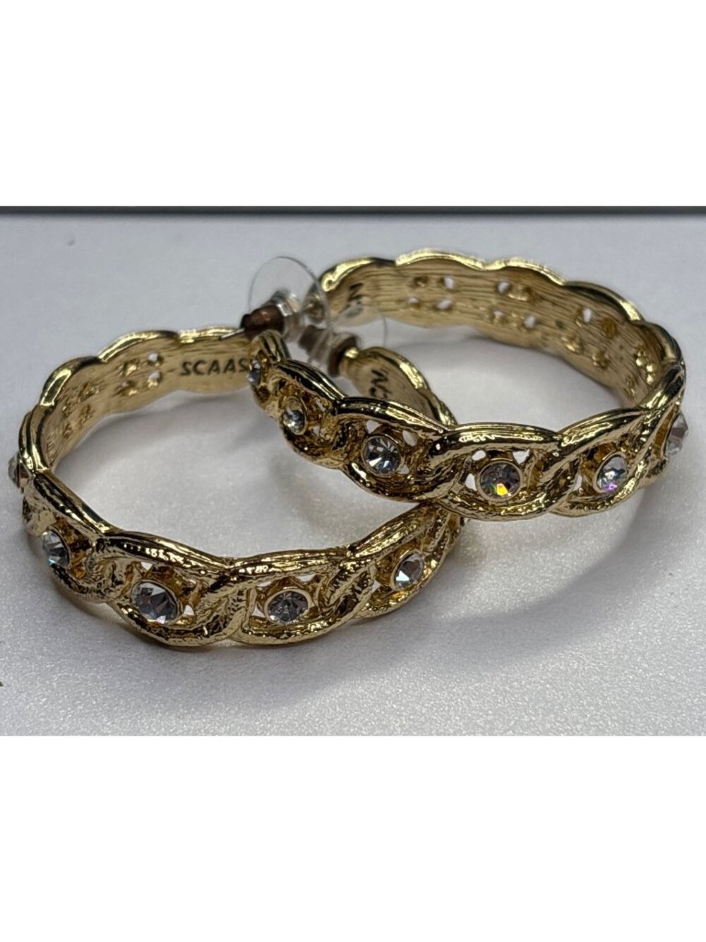 Vintage Scaasi Goldtone Hoop Rhinestone Earrings Large | Signed